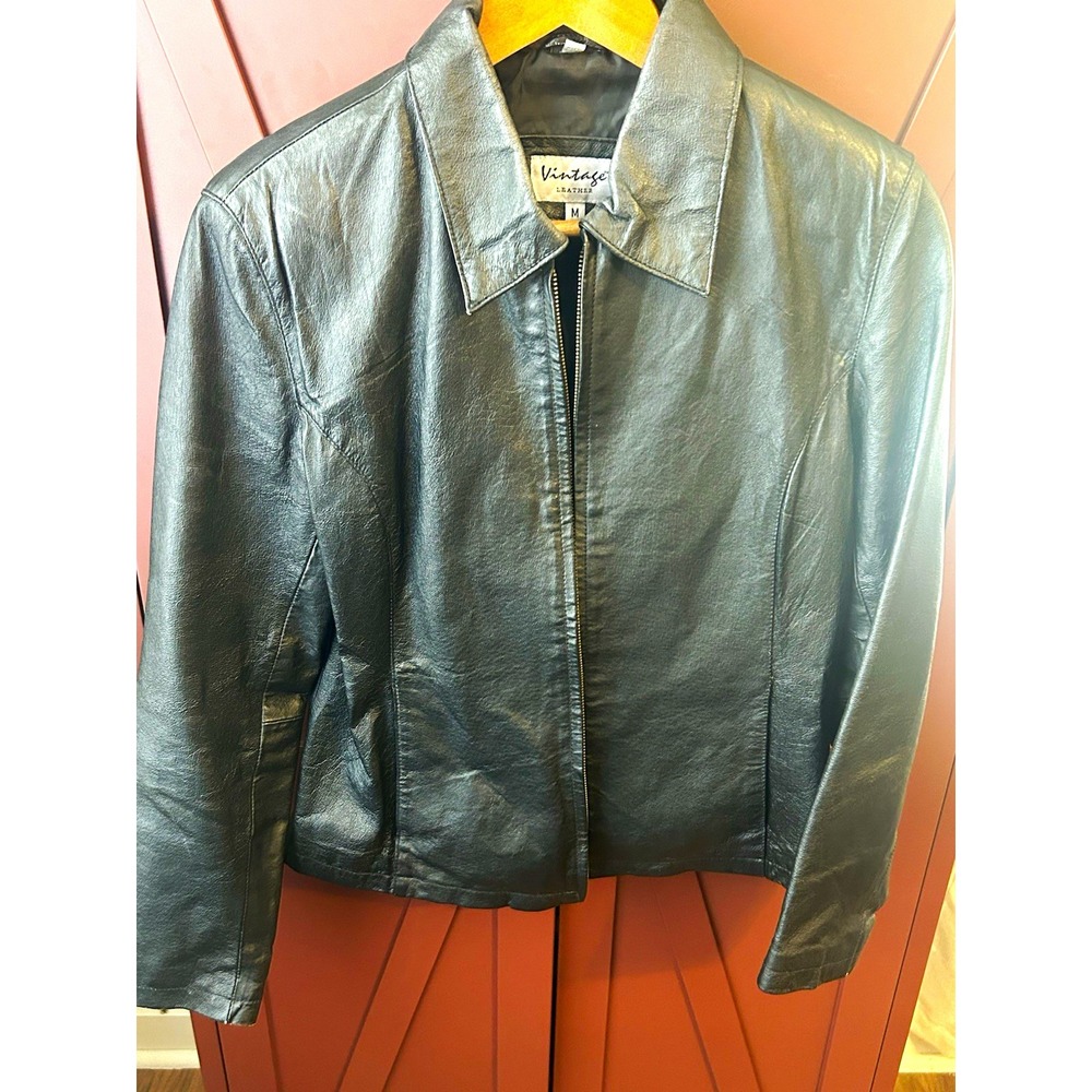 Vintage Leather Womens M Black Genuine Leather Zip Jacket Coat